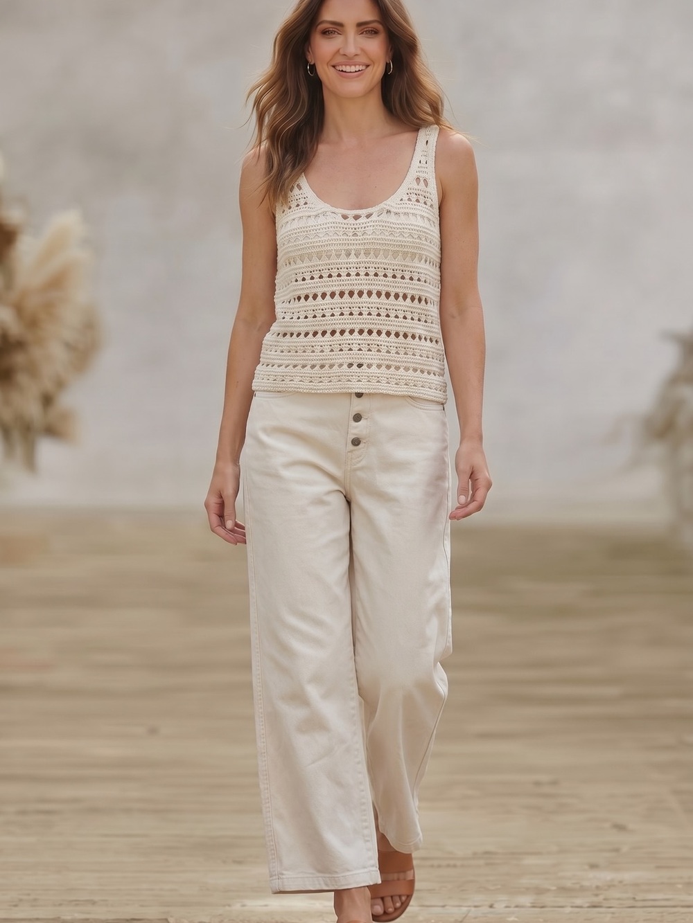 Blu Pepper Cream Crochet Knit Tank Top Large Boho Cotton Open Knit